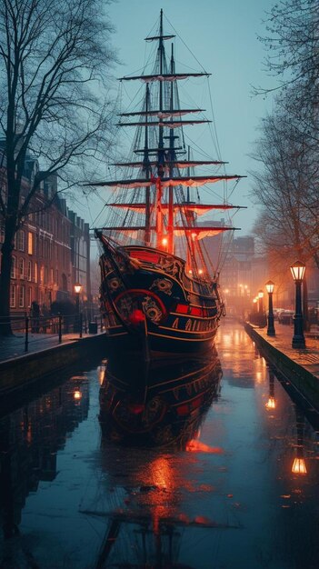 Foto un barco está atracado en un canal en una noche lluviosa