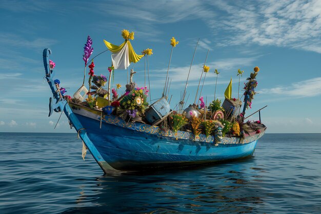 Foto el barco azul adornado con varias decoraciones