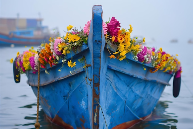 Foto el barco azul amarrado adornado con flores