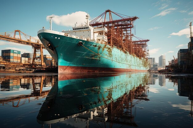 Foto un barco azul está atracado en el agua con un cielo azul en el fondo