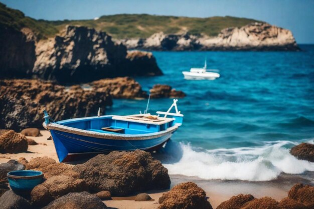 Foto un barco azul y blanco está en la playa cerca del océano