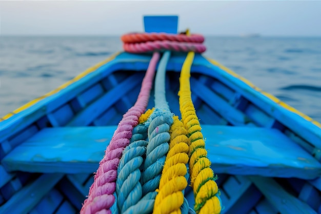 Foto barco azul con cuerdas de colores