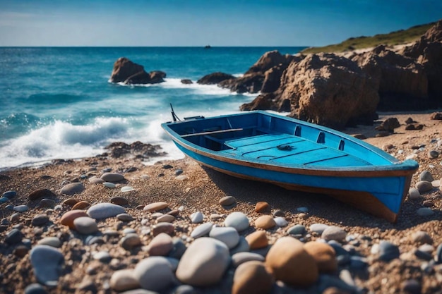 un barco azul está en la playa y el agua es azul