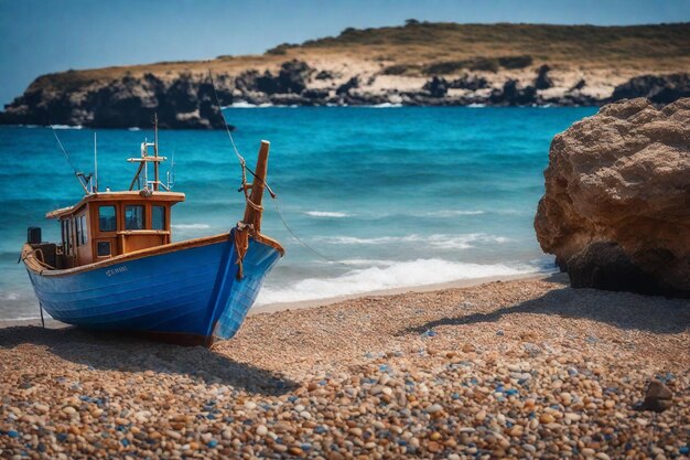 un barco azul está en la playa y el agua es azul