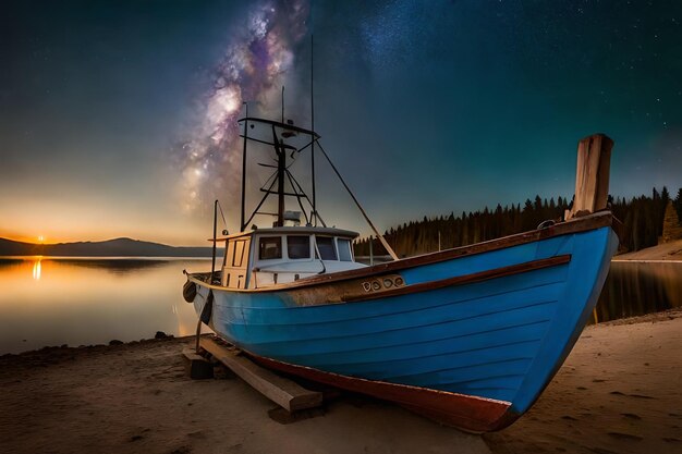 un barco azul con una estrella en la parte superior