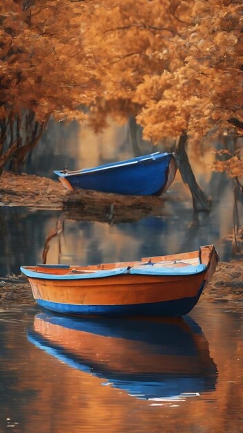 Un barco azul y naranja está en un esquema de colores azul y narenja