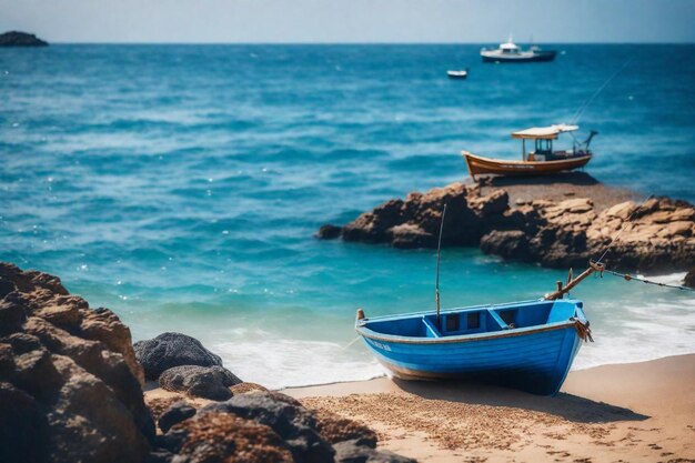 Foto un barco azul está en la playa y el agua es azul