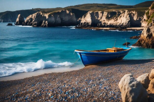 Foto un barco azul está en la playa y el agua es azul