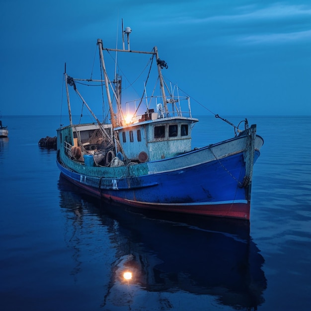 un barco azul y rojo con una luz en él está en el agua.