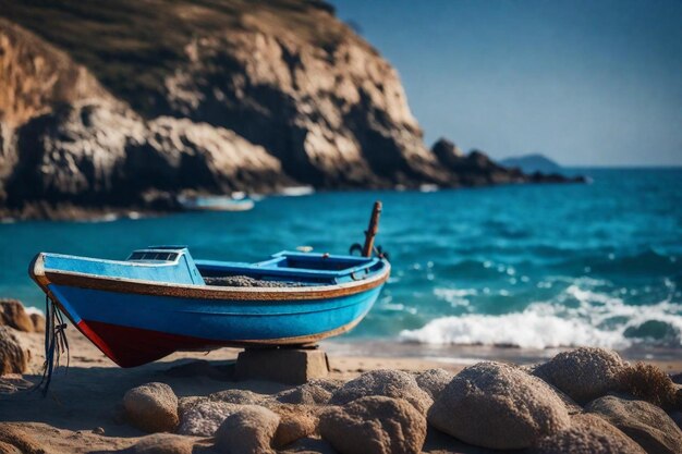 Foto un barco azul se sienta en una pila de rocas junto al océano