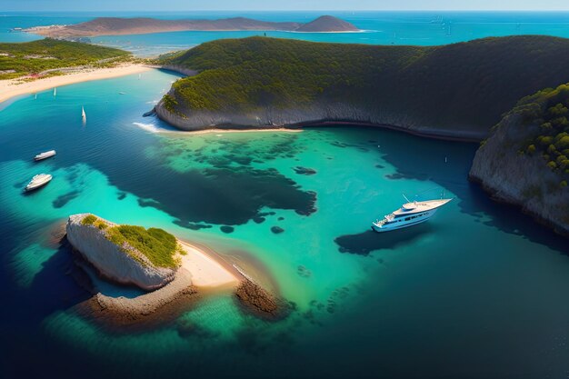 Un barco en una bahía con una playa al fondo.