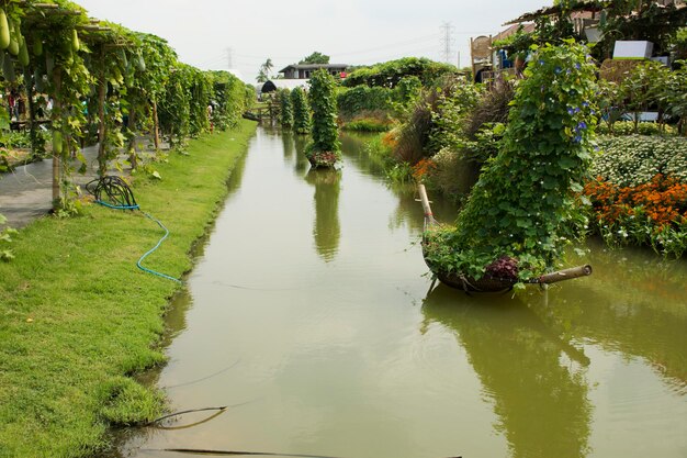 Barco de bambú decorativo y planta de árboles en el canal para los viajeros que visitan y toman fotos en el Festival de Vegetales y Flora en Nonthaburi Tailandia