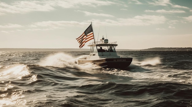 Un barco con la bandera americana en él