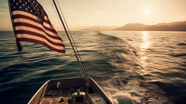 Un barco con una bandera americana en la parte trasera.