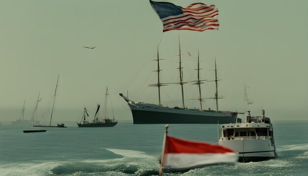 un barco con una bandera y un barco en el fondo