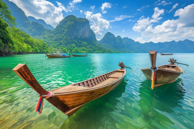 Foto un barco con un barco de madera en el agua con montañas en el fondo