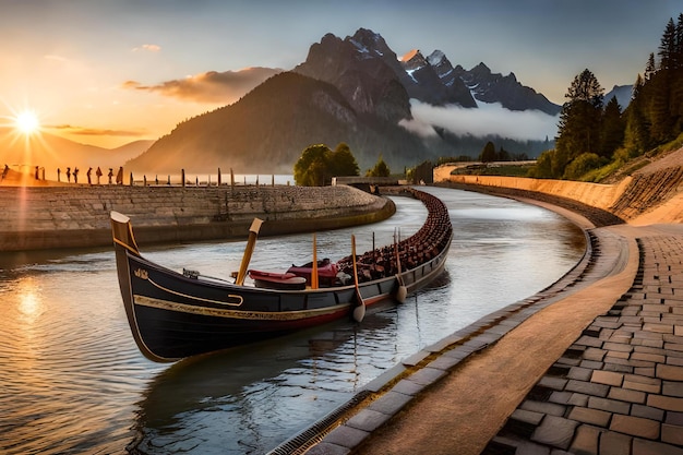 Un barco con una bonita puesta de sol con IA generativa