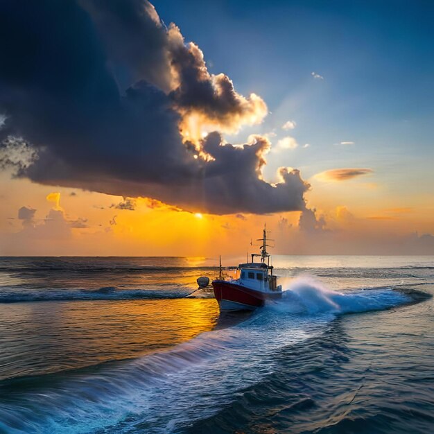 Un barco con una bonita puesta de sol con IA generativa