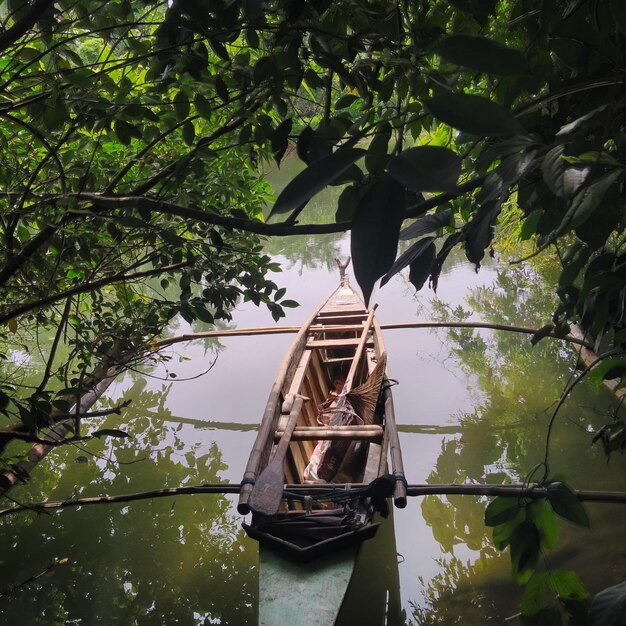 Foto barco en el canal contra los árboles