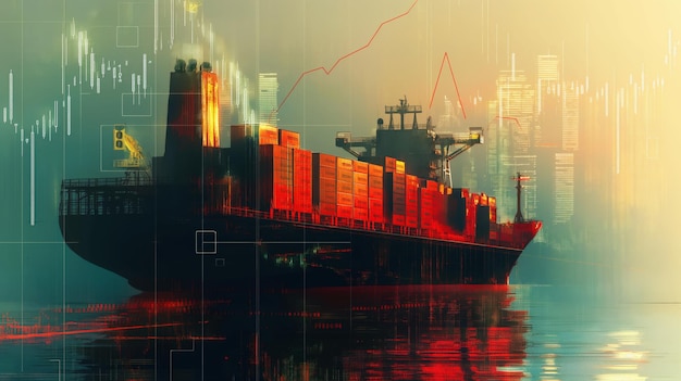 Un barco de carga cargado de contenedores navega en aguas tranquilas con gráficos financieros y el horizonte de la ciudad superpuesto simbolizando el comercio global y la logística