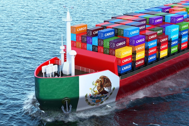 Barco de carga mexicano con contenedores de carga navegando en el océano renderización 3D