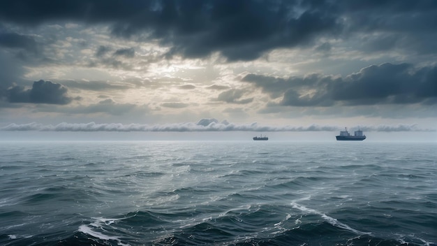 Foto un barco de carga solitario en un vasto horizonte oceánico