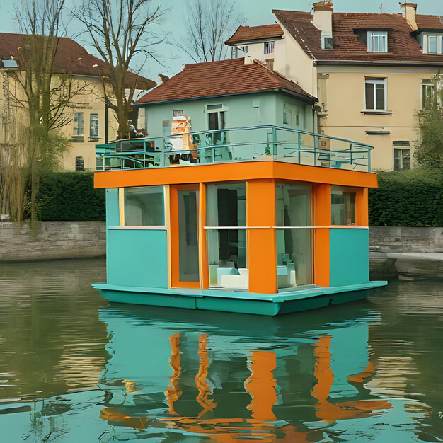 Foto un barco con una casa azul en la parte superior está flotando en el agua