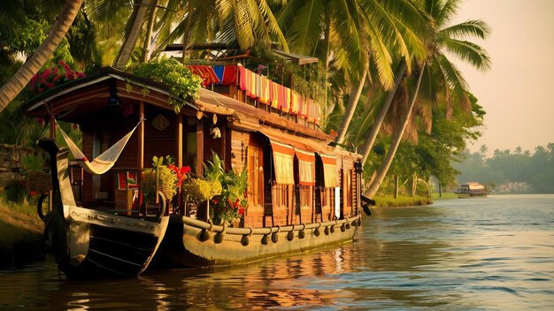 Foto barco-casa em kerala backwaters índia