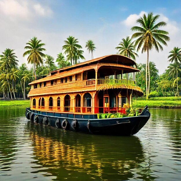 Foto un barco con una casa flotante en el agua con palmeras en el fondo