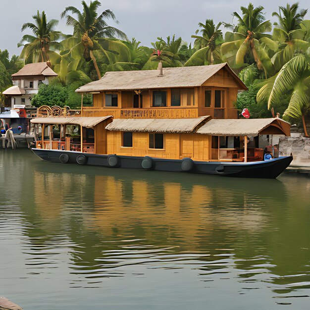 un barco con una casa en el lado se llama el hotel