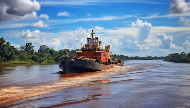 un barco con un casco rojo está pasando por el agua