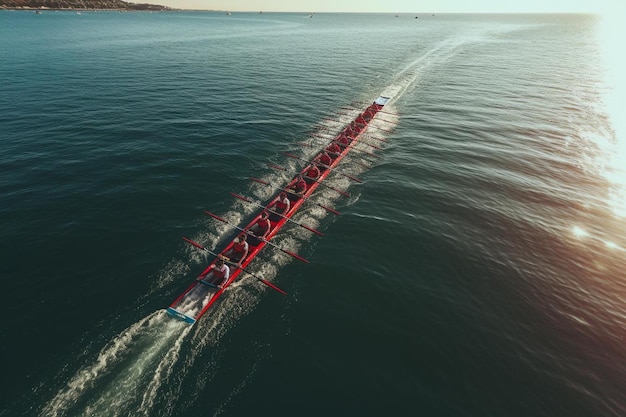 Un barco con casco rojo navega en el agua.