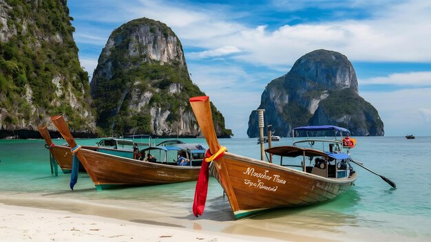 Foto barco de cola larga esperando a los turistas en la playa de noppharat thara en el mar de andamán krabi tailandés