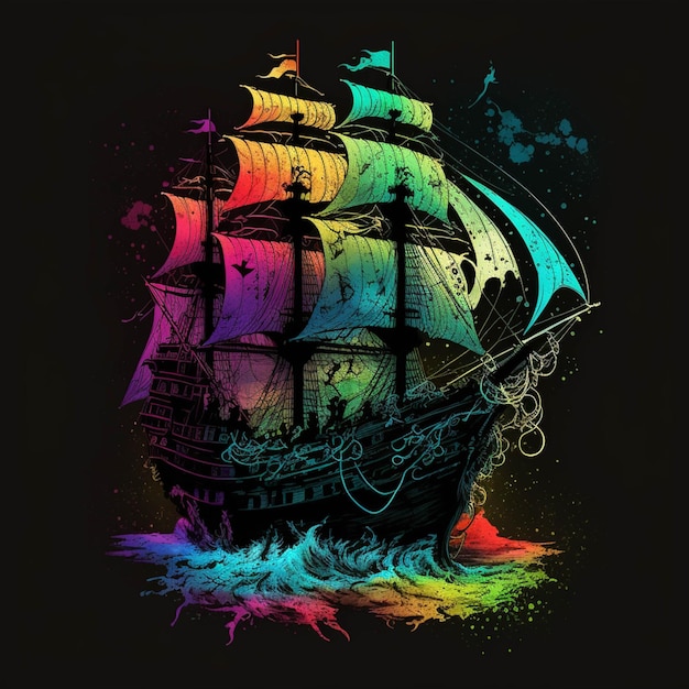 Un barco de colores brillantes en el océano con una ola que sale de él ai generativo