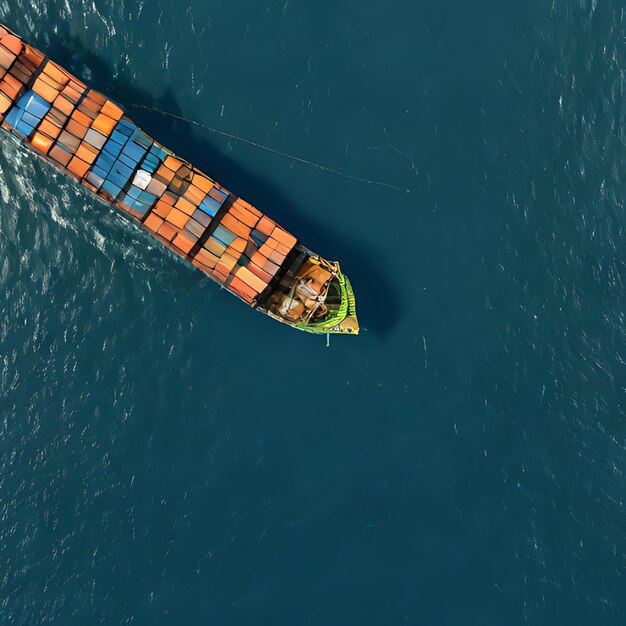 un barco de contenedores con un contenedor azul y rojo en el lado está flotando en el agua