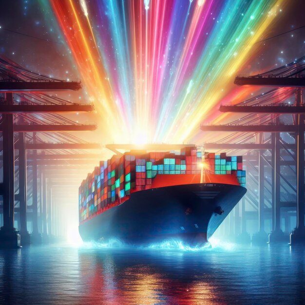 Un barco de contenedores está siendo lanzado con una explosión de luz colorida ai generativa