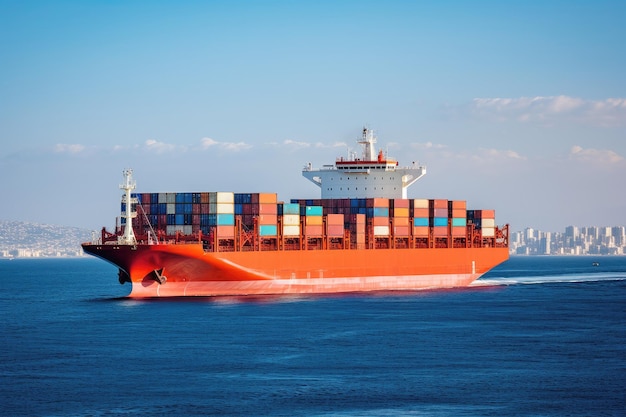 Un barco de contenedores en el mar en un día soleado