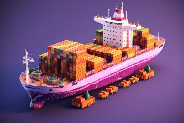 Foto un barco de contenedores se muestra en un fondo púrpura.