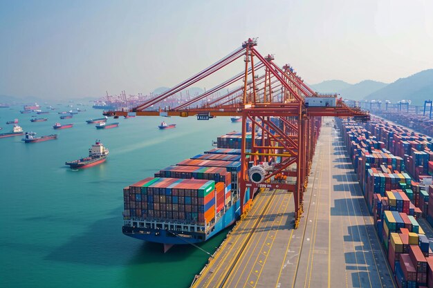 Barco de contenedores que transporta cajas de contenedores, muelle de importación y exportación con grúa de muelle