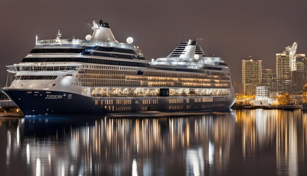 Foto un barco de crucero está atracado en el agua con un edificio en el fondo