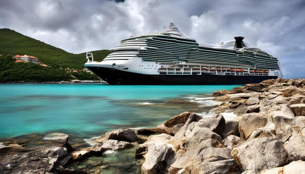 Foto un barco de crucero está atracado en una playa con rocas y rocas