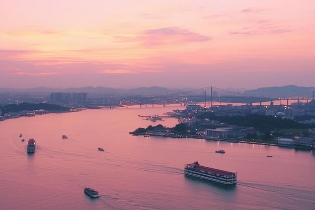 Foto un barco de crucero está navegando en el agua con un cielo de puesta de sol rosa en el fondo