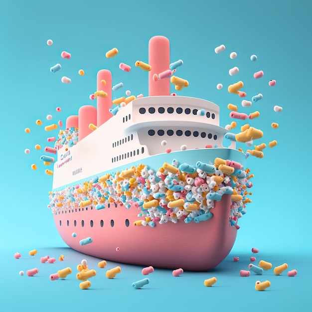 Foto barco de cruceros en colores pastel 3d lleno de caras sonrientes