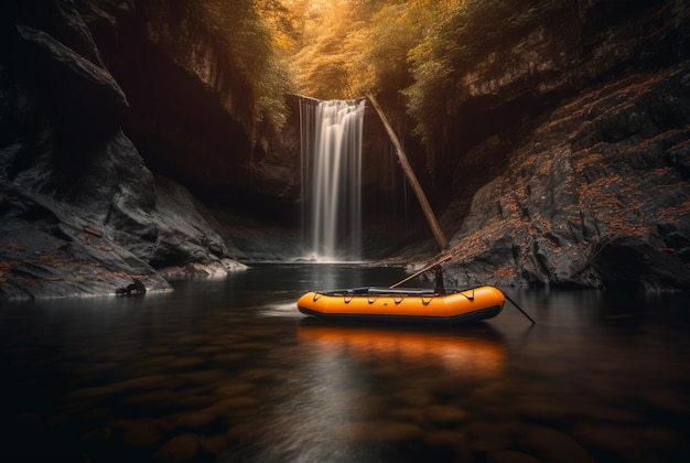 Barco de borracha sob o fluxo suave de uma cachoeira