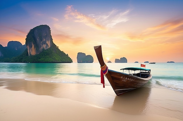 Barco de cauda longa na praia de areia pela manhã em uma ilha tropical na Tailândia