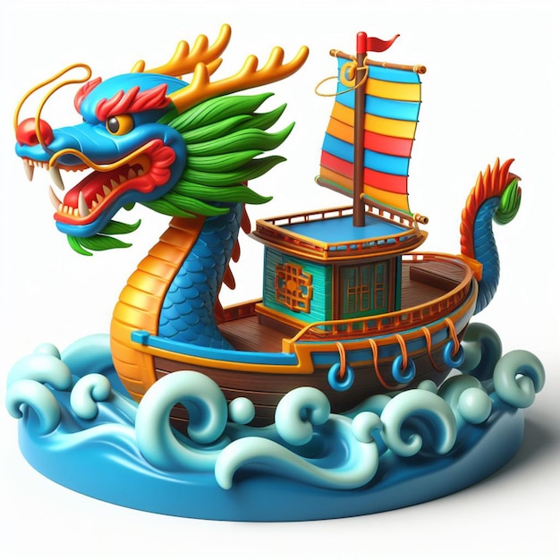 Foto barco de desenho animado em miniatura 3d com uma cabeça de dragão colorida