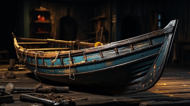 Barco de madeira antigo, linha de barcos, renderização 3d vazia