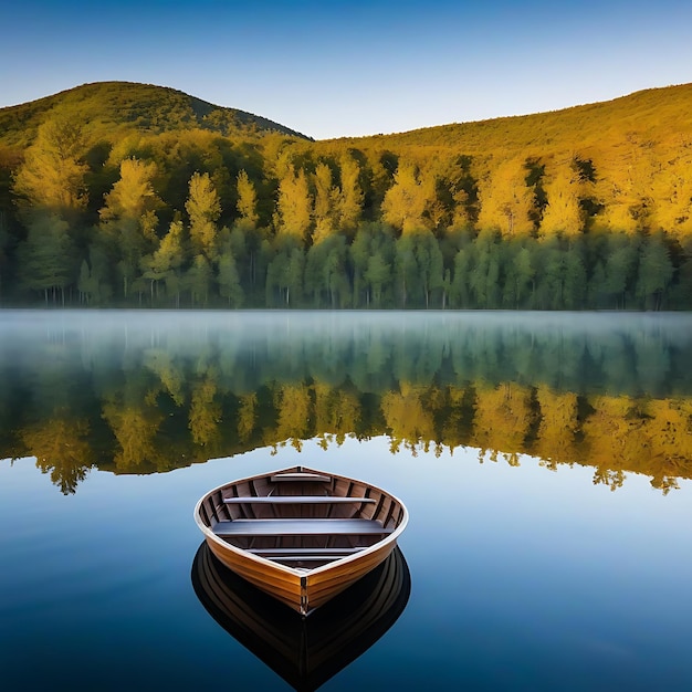 Foto barco de madeira solitário no lago com reflexos na água ao amanhecer