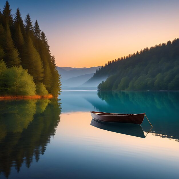 Foto barco de madeira solitário no lago com reflexos na água ao amanhecer