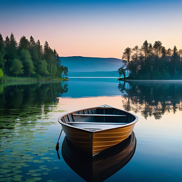 Foto barco de madeira solitário no lago com reflexos na água ao amanhecer